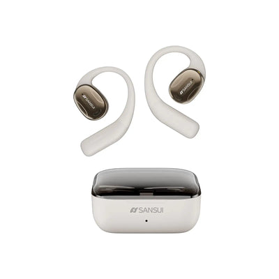 SANSUI Open Ear Wireless Bluetooth headphones with charging case, showcasing open-ear design and sleek style.