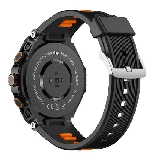 CallFit Smartwatch back view showcasing its waterproof design and heart rate monitor features.