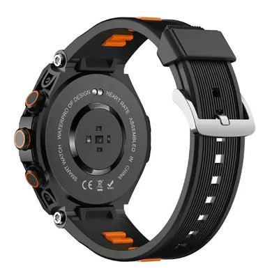 CallFit Smartwatch back view showcasing its waterproof design and heart rate monitor features.