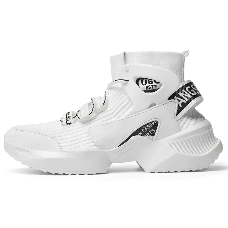 Premium high-top sock sneakers in white with unique branding and sleek sock-fit design.