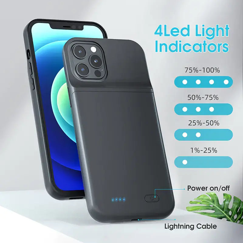 Back Clip Power Bank with 4 LED light indicators showing battery level, portable charging solution for smartphones.
