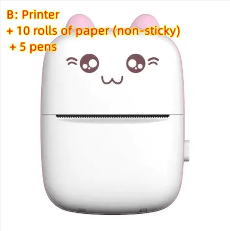 Portable Mini Bluetooth Printer with cute design, 10 rolls of non-sticky paper, and 5 colorful pens.