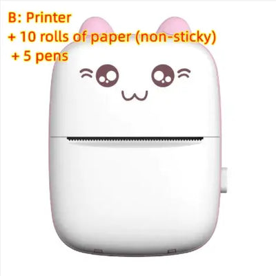 Portable Mini Bluetooth Printer with cute design, 10 rolls of non-sticky paper, and 5 colorful pens.