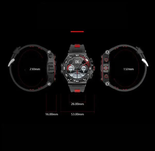 CallFit Smartwatch features a sleek design with detailed measurements and a stylish black and red color scheme.