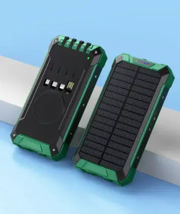 Solar Wireless Power Bank showcasing a sleek, rugged design with solar panels for charging devices on the go.