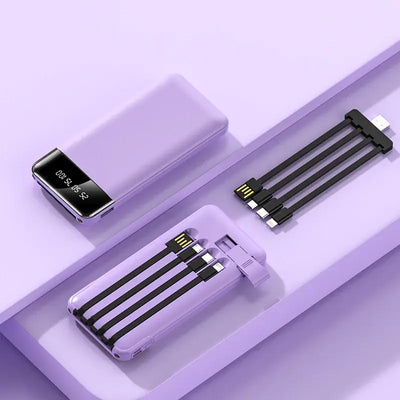 20000mAh Power Bank in purple with built-in cables for reliable and portable charging.