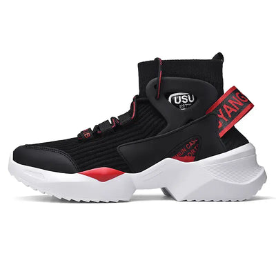 Premium High-Top Sock Sneakers in black and red with sock-fit design and chunky white sole
