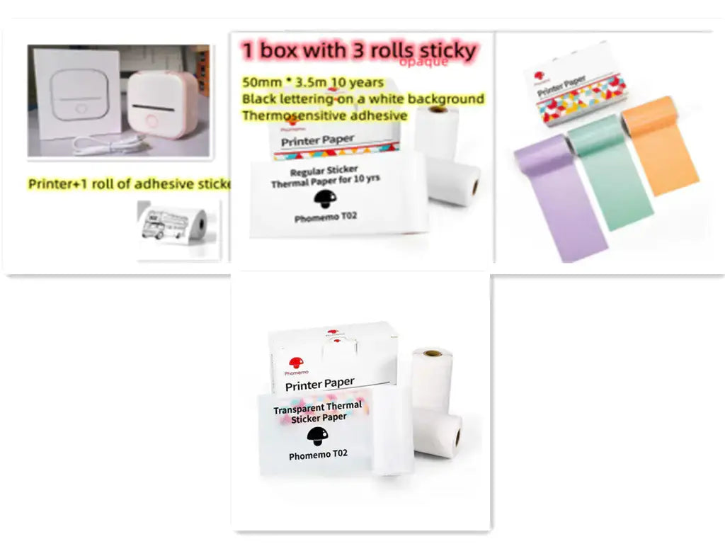 Portable Mini Thermal Label Printer with three rolls of adhesive sticker paper for easy labeling.