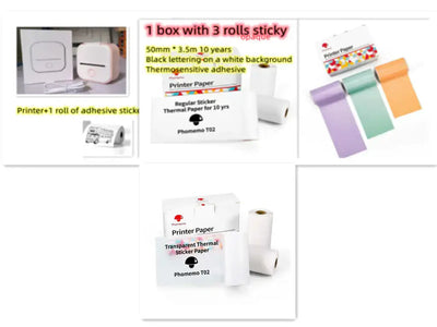 Portable Mini Thermal Label Printer with three rolls of adhesive sticker paper for easy labeling.