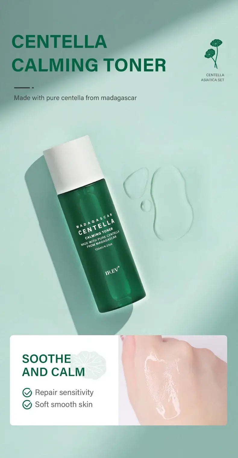 Centella Asiatica Extract Natural Facial Skin Care packaging and application, featuring calming toner for sensitive skin.
