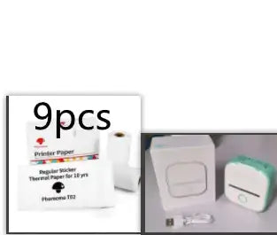 Portable Mini Thermal Label Printer accessories including printer paper and cables.