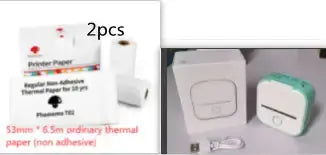 Portable Mini Thermal Label Printer with two rolls of 53mm non-adhesive thermal paper and USB cable.