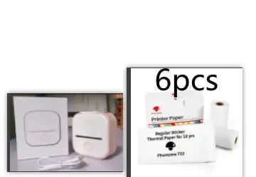 Portable Mini Thermal Label Printer with accessories and printer paper rolls in a compact setup.