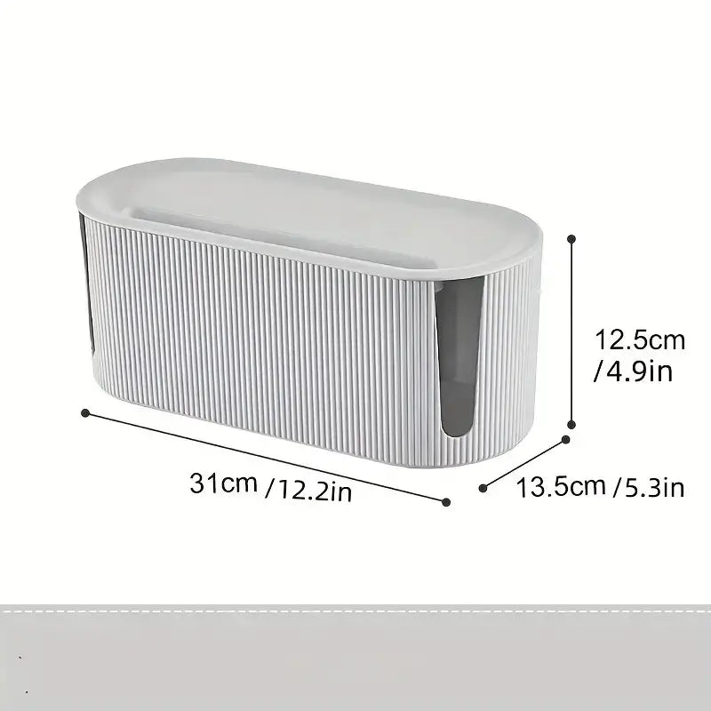 Cable Management Box for organizing desk and TV cables, featuring a sleek design and functional dimensions.