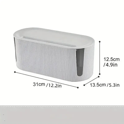 Cable Management Box for organizing desk and TV cables, featuring a sleek design and functional dimensions.