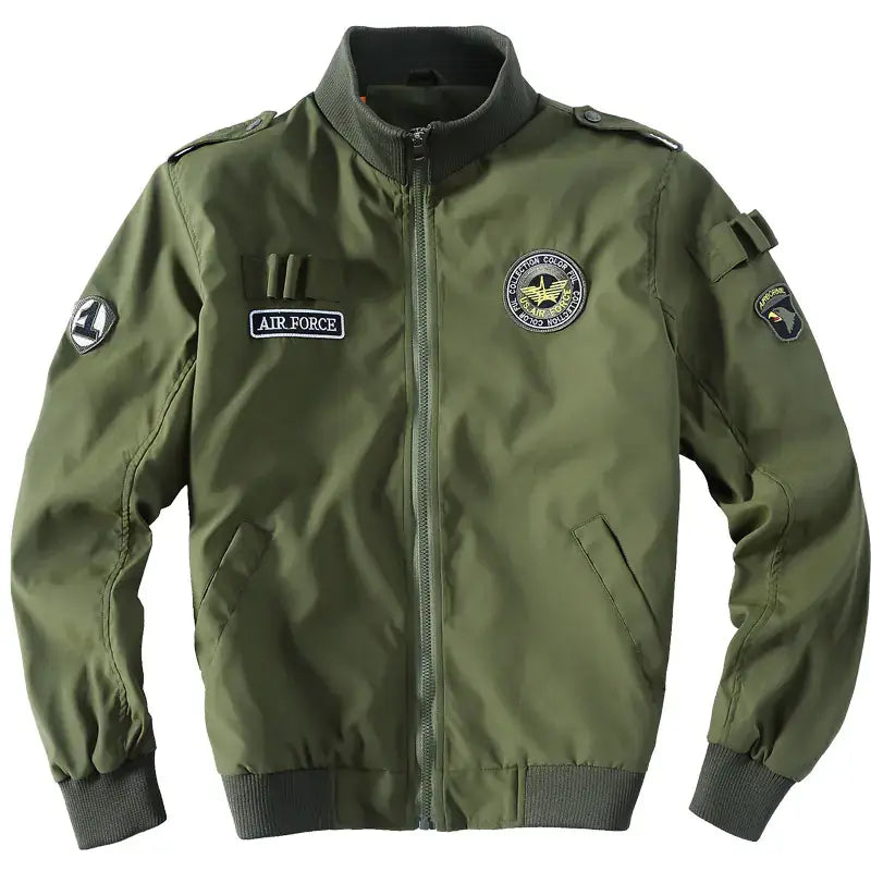 Military Flight Jacket in olive green with Air Force patches and a zipper front for a stylish and functional look.