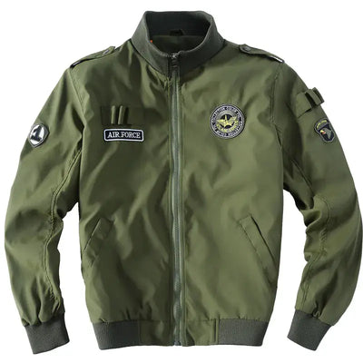 Military Flight Jacket in olive green with Air Force patches and a zipper front for a stylish and functional look.