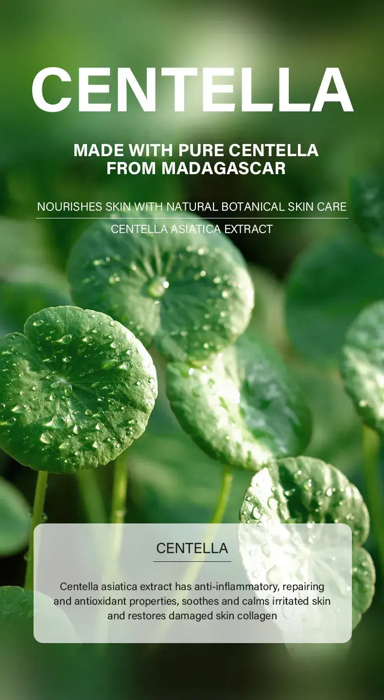 Centella Asiatica Extract Natural Facial Skin Care featuring lush green Centella leaves with water droplets.