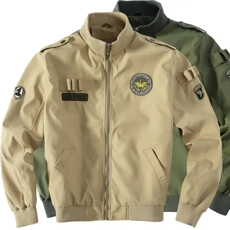 Two Military Flight Jackets in tan and green, featuring military insignia and patches for style and functionality.