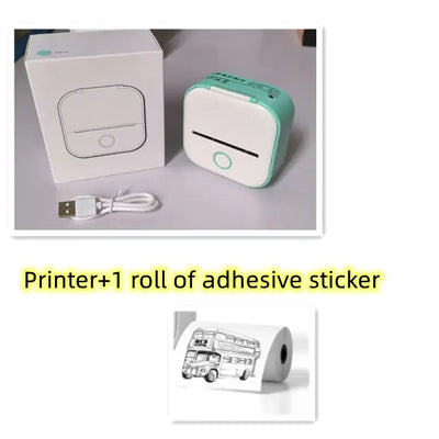Portable Mini Thermal Label Printer with USB cable and roll of adhesive stickers.