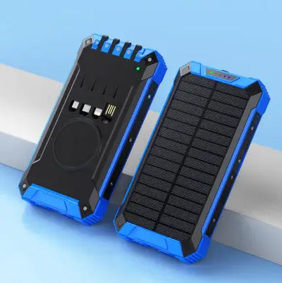 Solar Wireless Power Bank with solar panel design and charging ports, perfect for outdoor use.