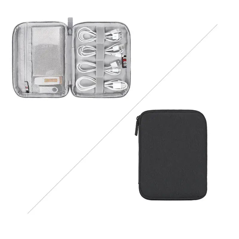 Solid Color Polyester Storage Bag for Cables & Earphones with zipped compartments and organized cables.