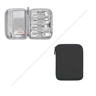 Solid Color Polyester Storage Bag for Cables & Earphones with zipped compartments and organized cables.