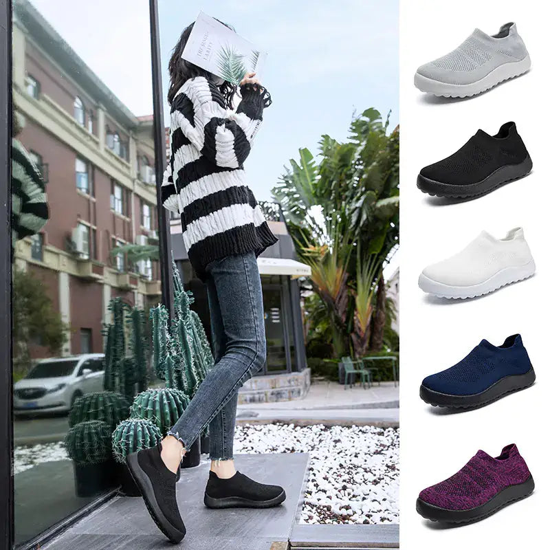 Casual Flyknit Slip-On Sneakers showcased in a stylish outdoor setting, featuring a variety of color options.