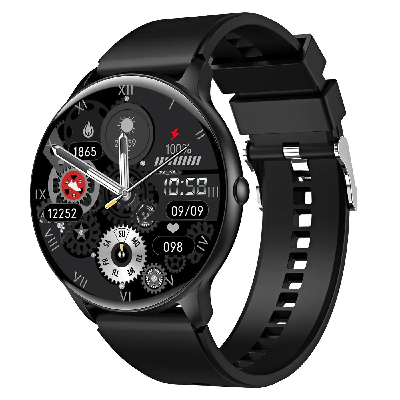 SmartWatch displaying health metrics and stylish design with a sleek black strap.