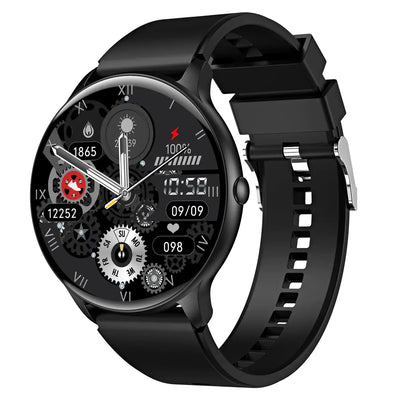 SmartWatch displaying health metrics and stylish design with a sleek black strap.