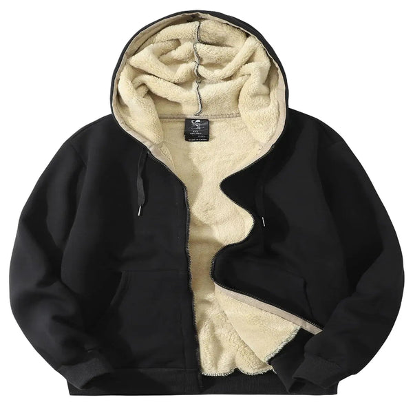 Flygo Mens Sherpa Hoodie Jacket in black with soft sherpa lining, ideal for warmth and comfort on chilly days.
