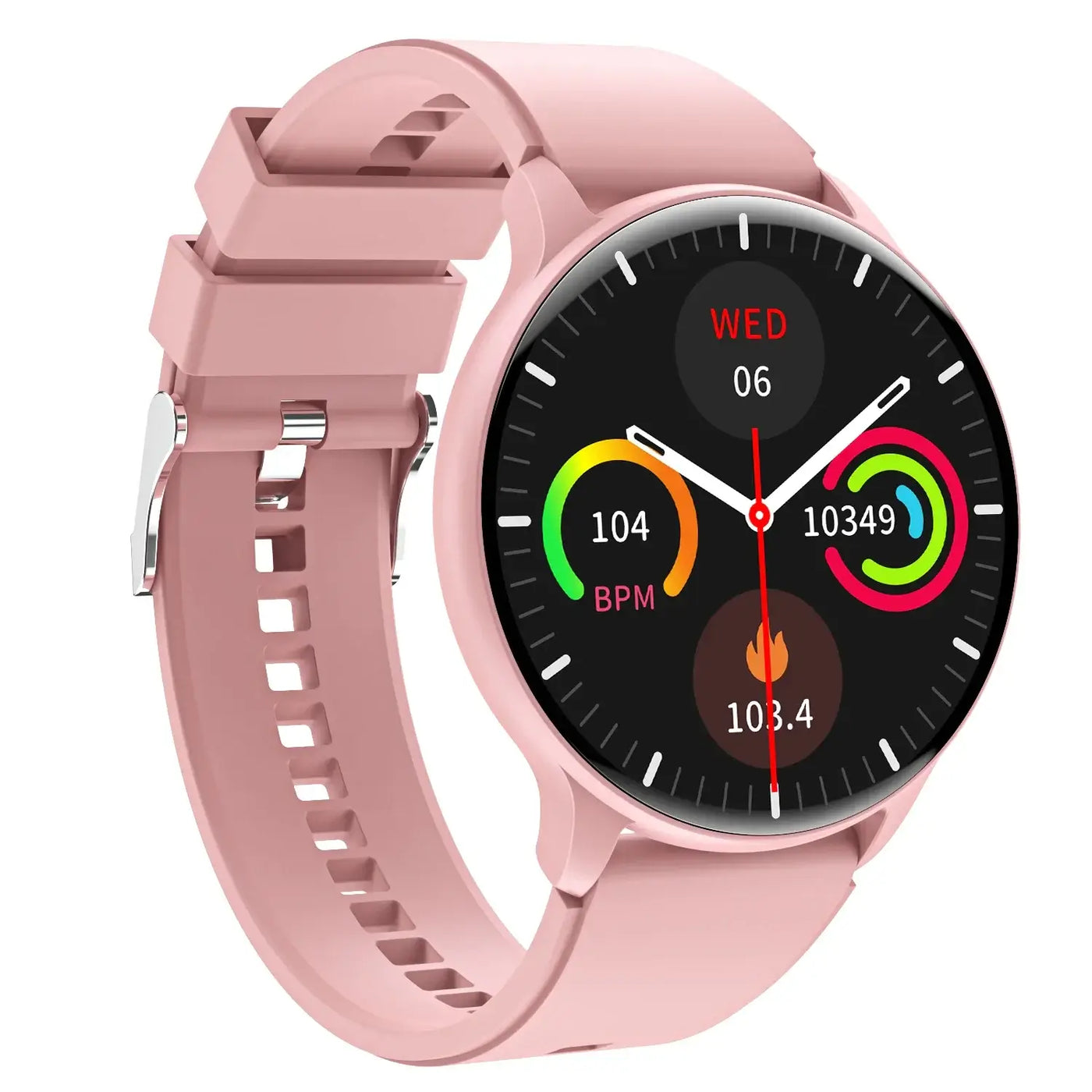 SmartWatch displaying health metrics like heart rate and steps taken, in a stylish pink design.