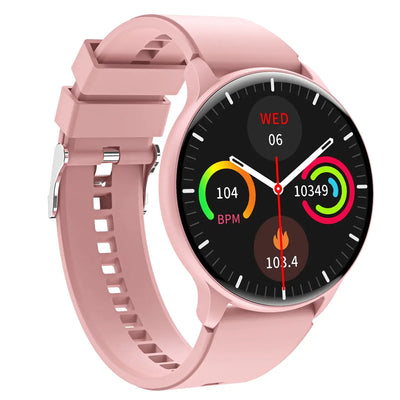 SmartWatch displaying health metrics like heart rate and steps taken, in a stylish pink design.