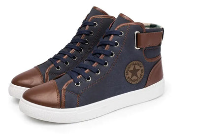 Casual Fashion High-Top Men's Sneakers in navy and brown with trendy high-top design and white sole.