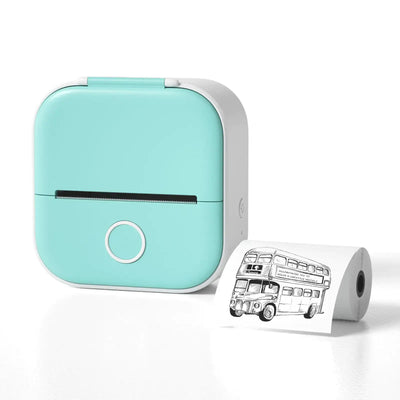 Portable Mini Thermal Label Printer in aqua color with a rolled label showing a bus design.