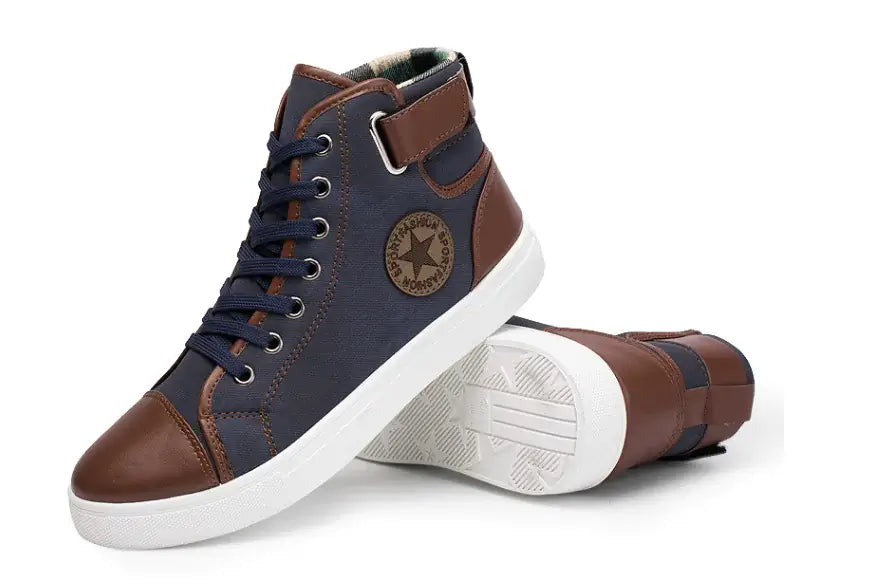 Casual Fashion High-Top Men's Sneakers in navy and brown, stylish and comfortable for everyday wear and workouts.