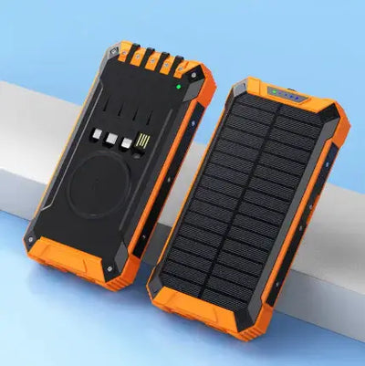 Solar Wireless Power Bank with solar panels, rugged design, and charging ports, perfect for outdoor use.