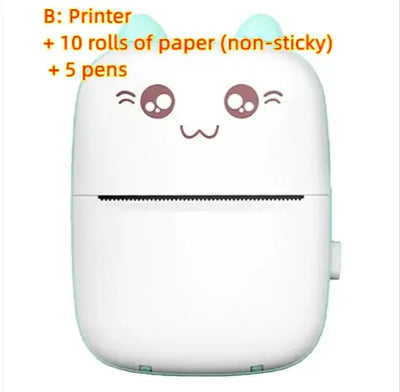 Portable Mini Bluetooth Printer with 10 rolls of non-sticky paper and 5 pens for easy printing.