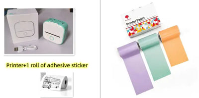 Portable Mini Thermal Label Printer with printer accessories and adhesive sticker roll.