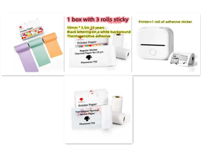 Portable Mini Thermal Label Printer accessories including printer paper and adhesive stickers.