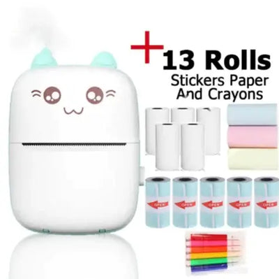 Portable Mini Bluetooth Printer with 13 rolls of sticker paper and crayons for creative printing.