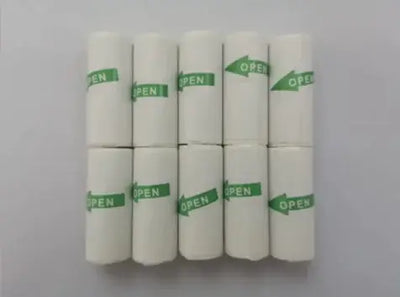 Portable Mini Bluetooth Printer thermal paper rolls stacked with green 'OPEN' labels on each roll.
