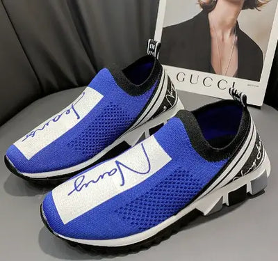 Breathable blue woven sneakers with stylish design, perfect for casual outings and comfortable wear.