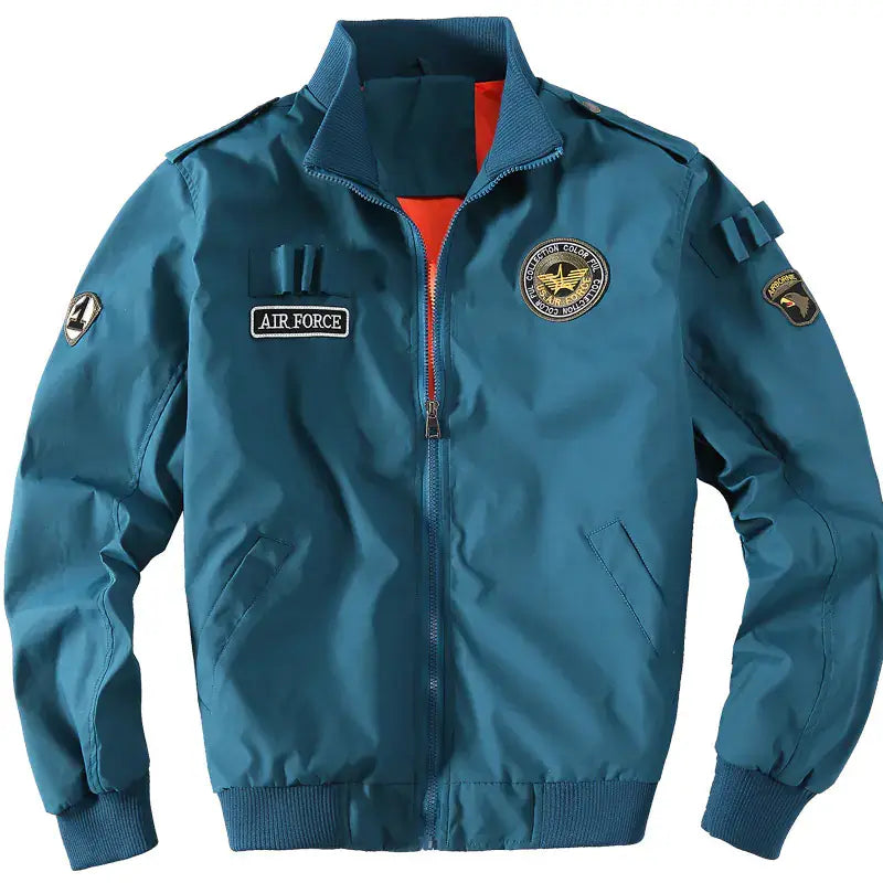 Military Flight Jacket featuring Air Force patches, stylish design, and functional wear for aviation enthusiasts.