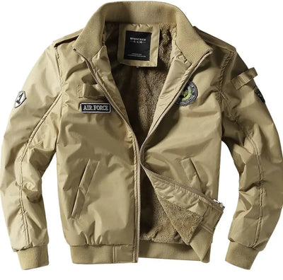Military Flight Jacket in beige with patches and fur lining for stylish, durable, and functional wear.