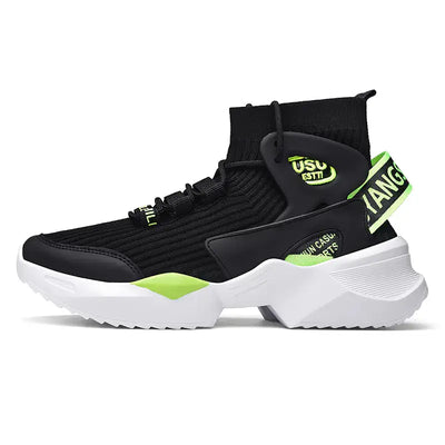 premium high-top sock sneakers in black and neon green, featuring a sock-fit design and durable sole.