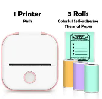 Portable Mini Thermal Label Printer in pink with three rolls of colorful self-adhesive thermal paper.