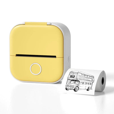 Portable Mini Thermal Label Printer in yellow with printed label of a bus.