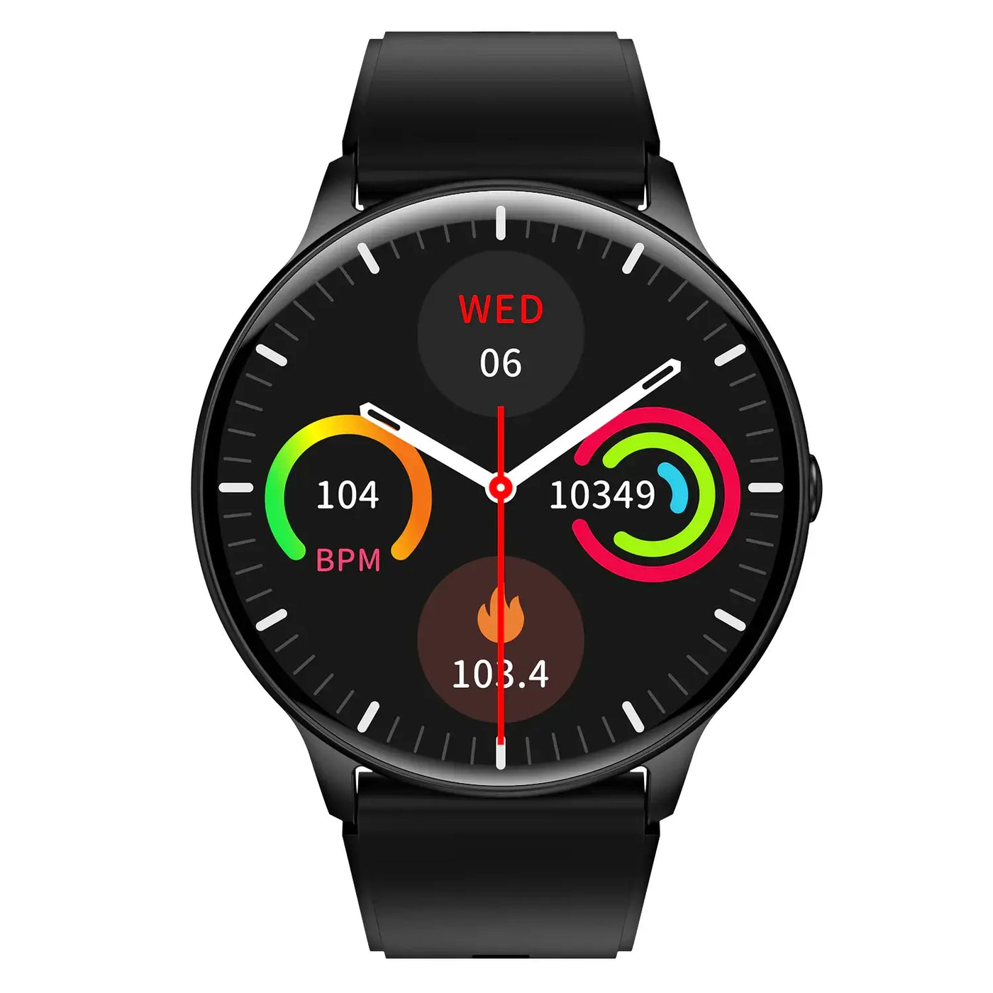 SmartWatch displaying health metrics like BPM, steps, and calories burned on a sleek black screen.