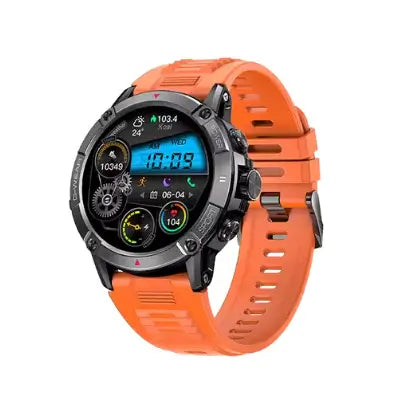 Titan Track Smartwatch with vibrant orange strap, featuring advanced health tracking and performance monitoring.